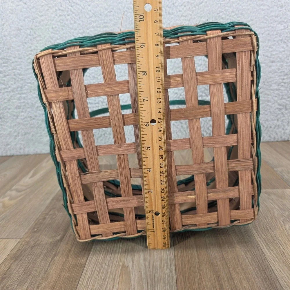 Rustic Woven Splint Christmas Basket Green Pine Tree Stencil Fixed Handle 13in